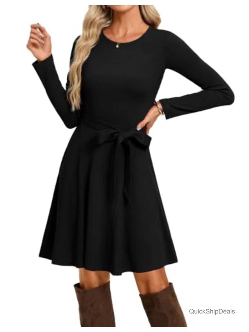 Long Sleeve Ribbed Mini Dress with Detachable Belt A-Line Knit Fall Winter